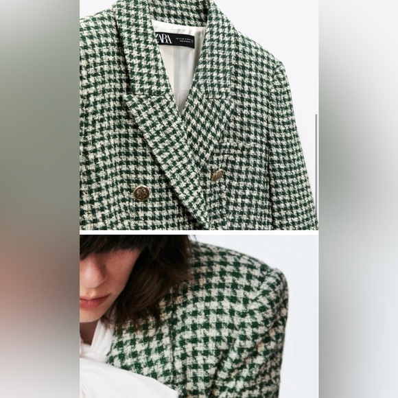 Zara Ecru/Green Houndstooth Lapel Collar Double Breasted Blazer Kate Middleton S - Picture 2 of 8
